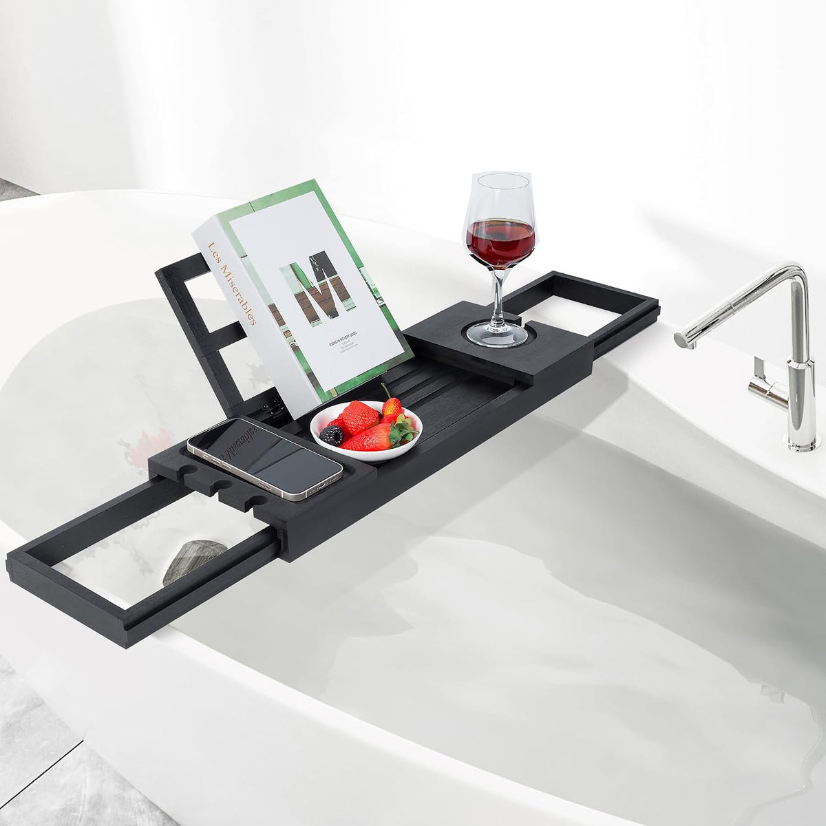 Utoplike Bamboo Bathtub Tray Black, Adjustable Bath Caddy Table for Tub