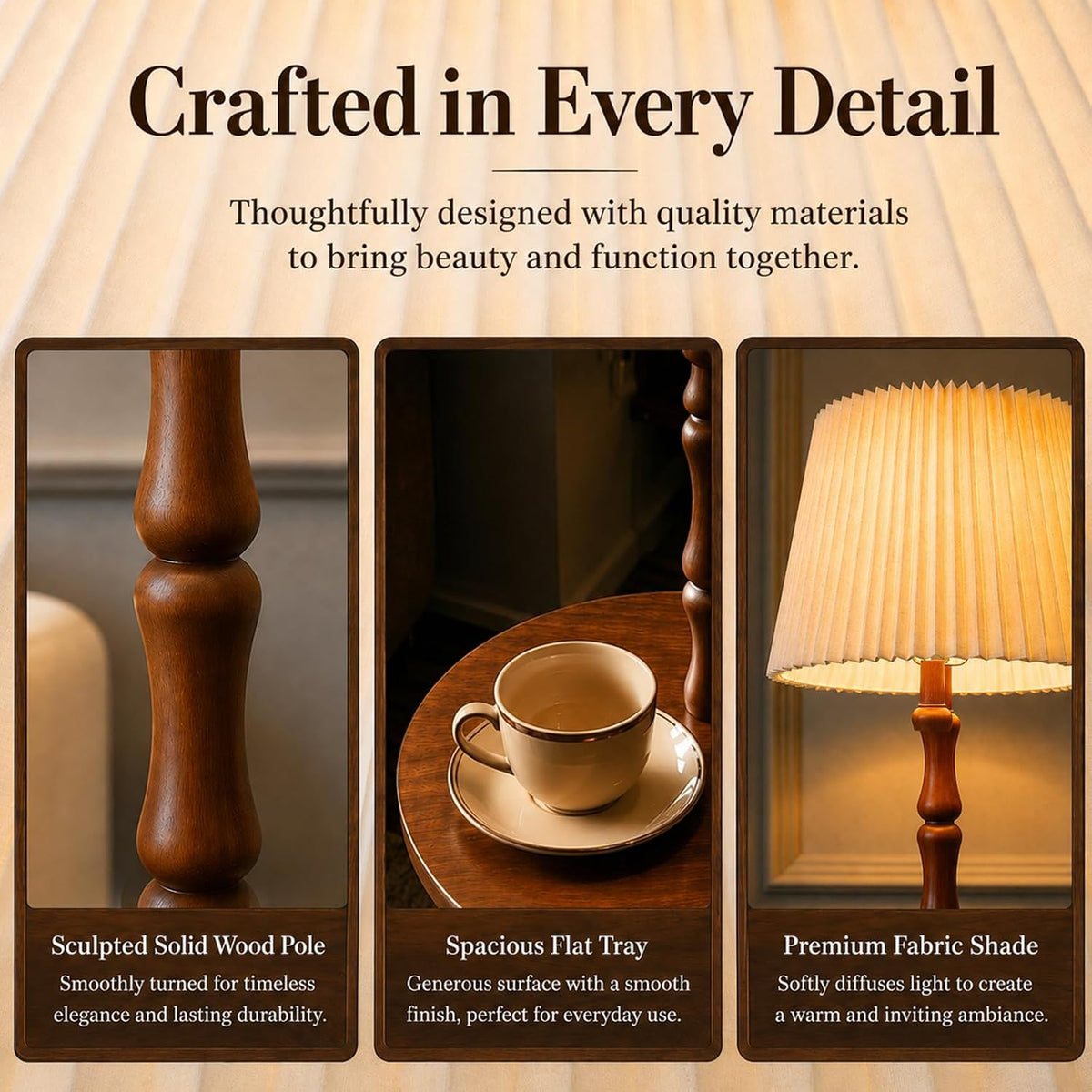 Real Wood Floor Lamp with Built-in Tray, Remote Control, Adjustable Brightnes...