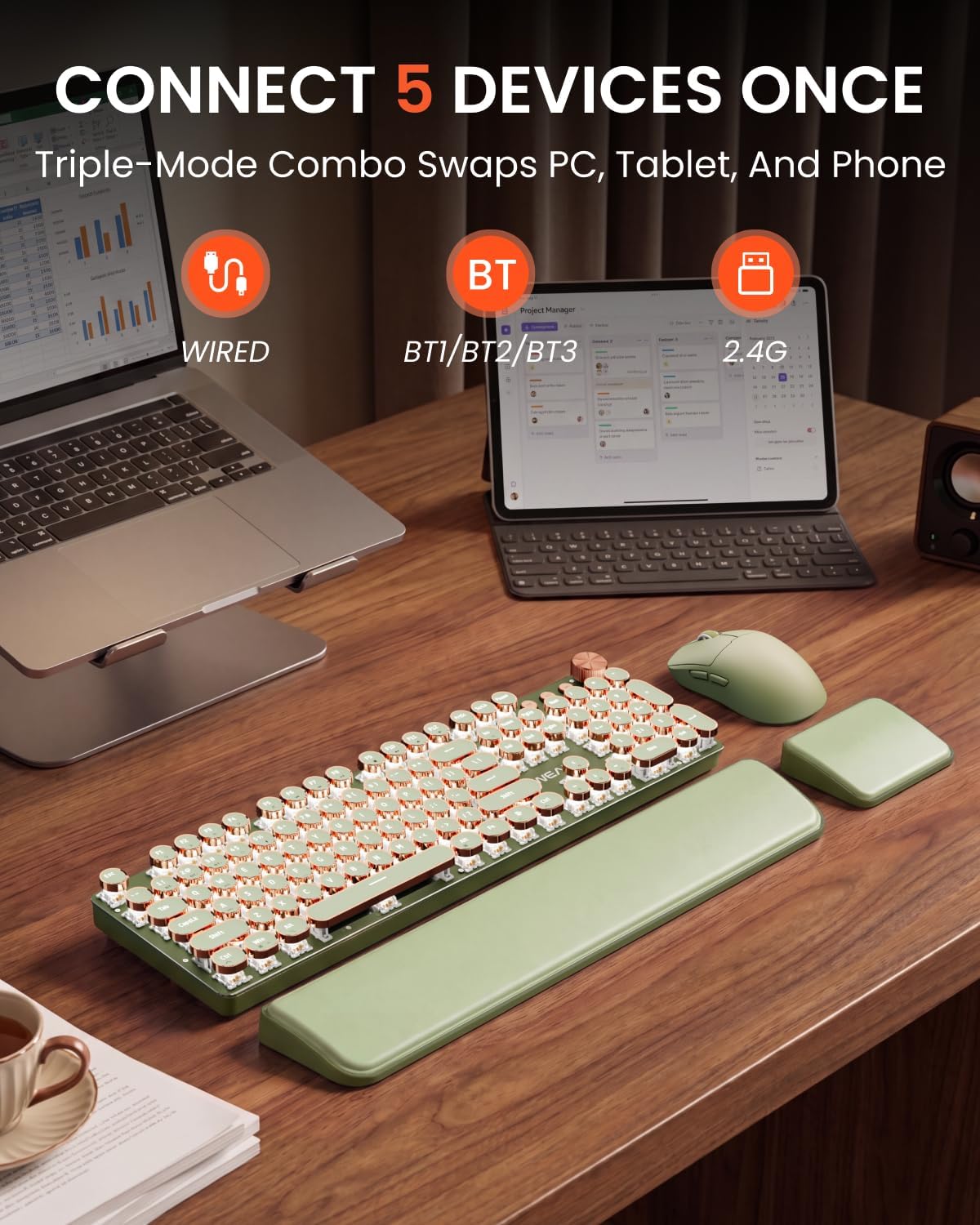 Wireless Keyboard and Mouse Combo, Dual Wrist Rest, Tri-Mode Typewriter
