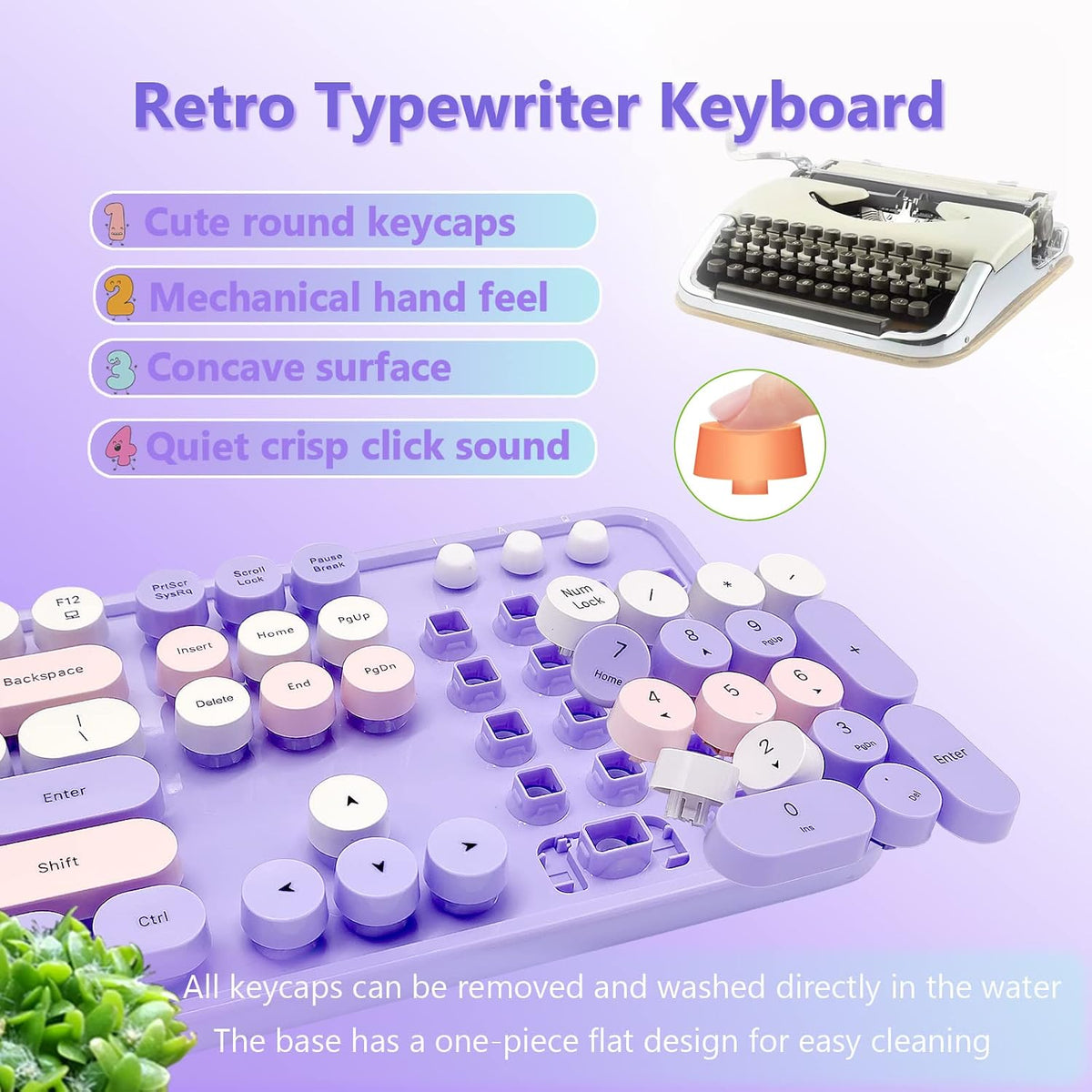 Purple Retro Typewriter Wireless Keyboard and Mouse Combo for Home Office