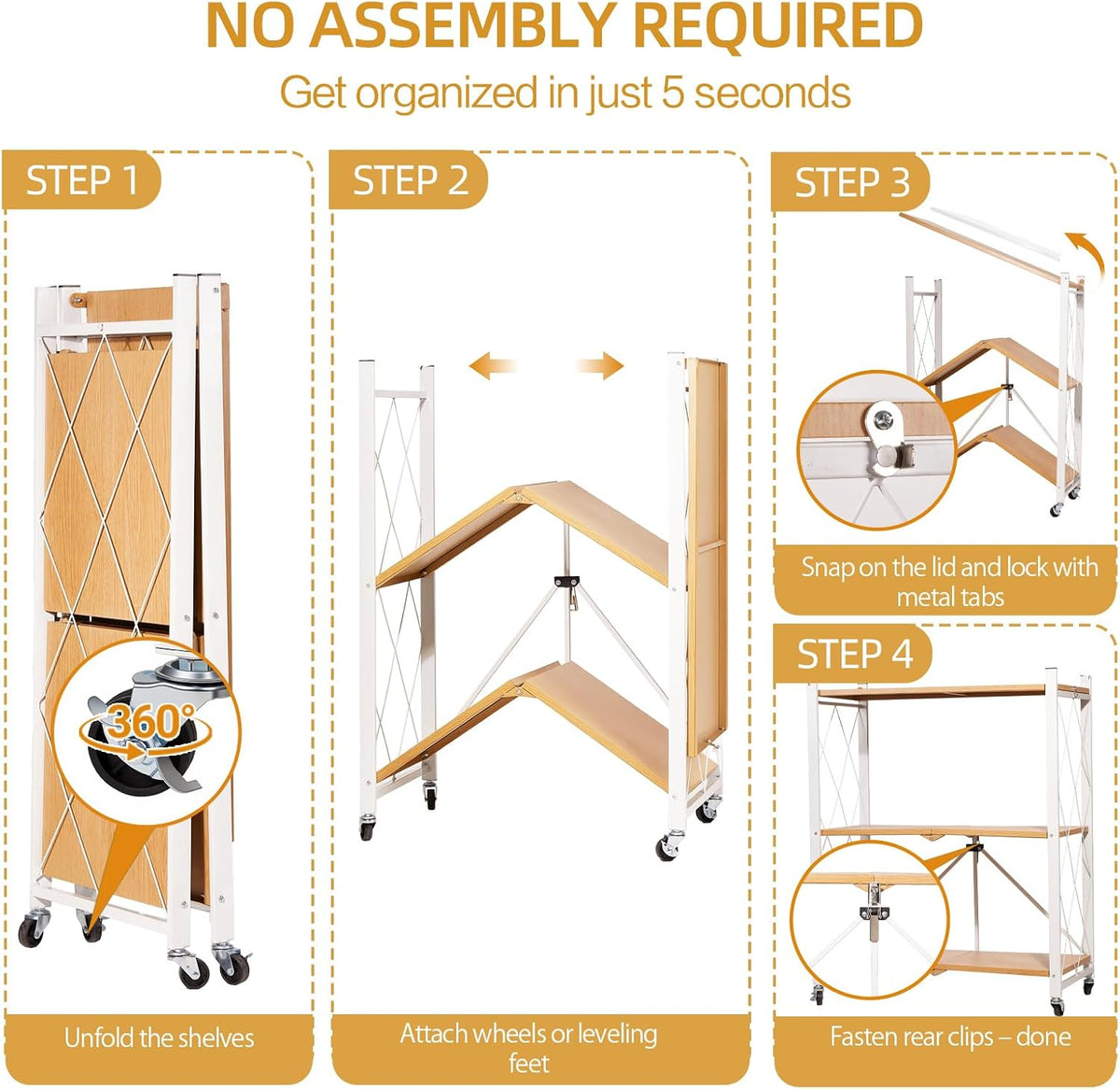 3-Tier Folding Storage Shelves with Wheels – No Assembly, Heavy Duty Collapsi...