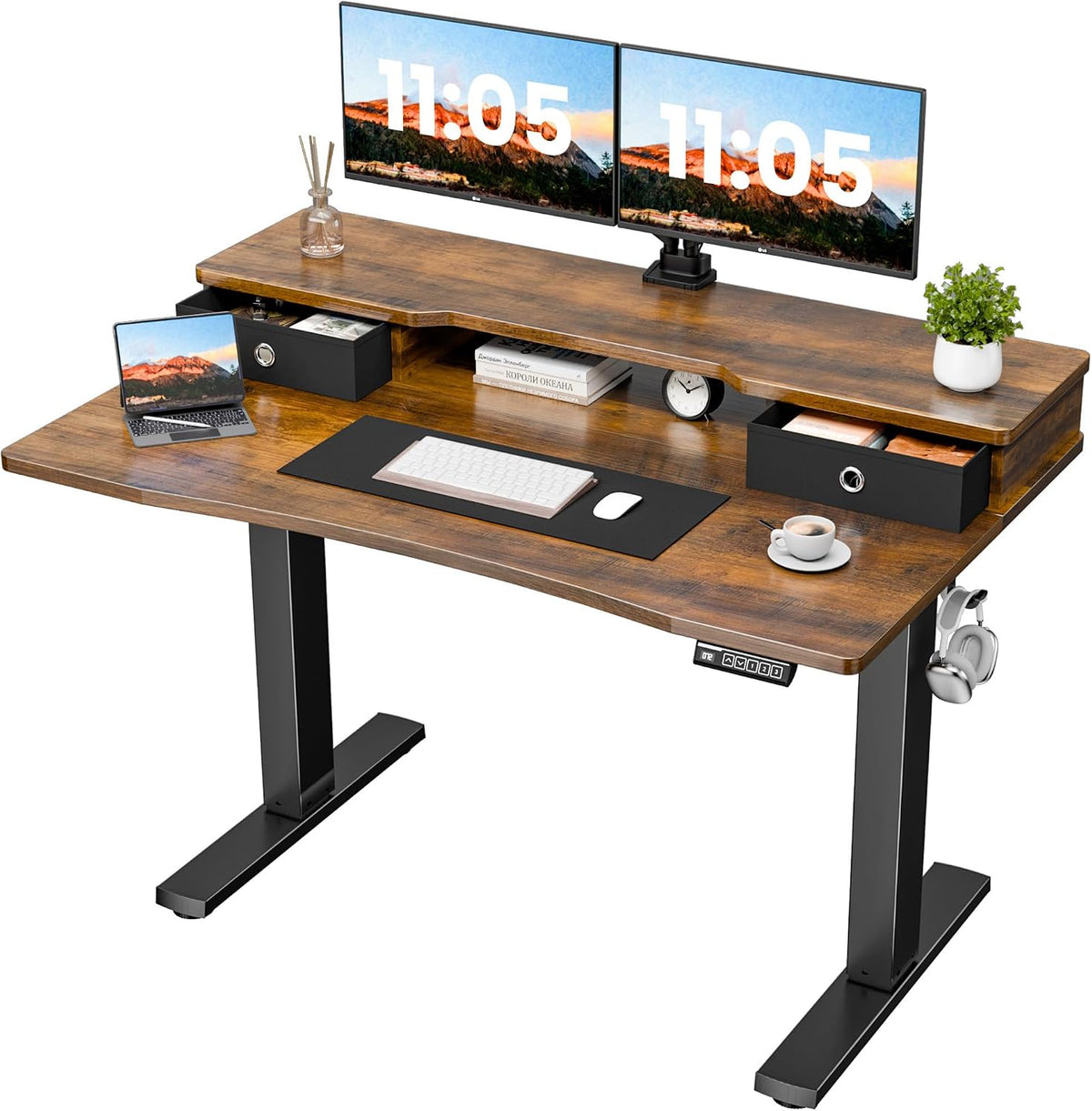 Realbear 48x24 Inch Electric Standing Desk with Drawers, Rustic Walnut