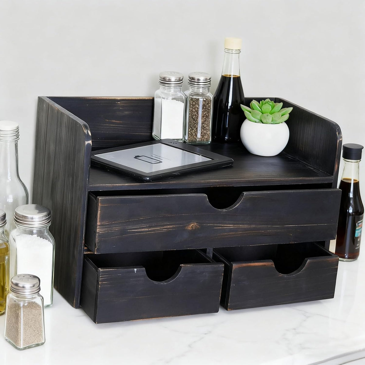 Black Wood 3 Drawer Desk Organizer Shelf, Mail Rack Vanity Storage