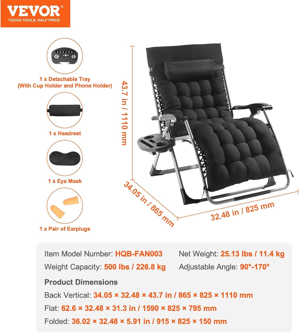 VEVOR Zero Gravity Chair, 33 inch Zero Gravity Recliner Lounge Chair for Indo...