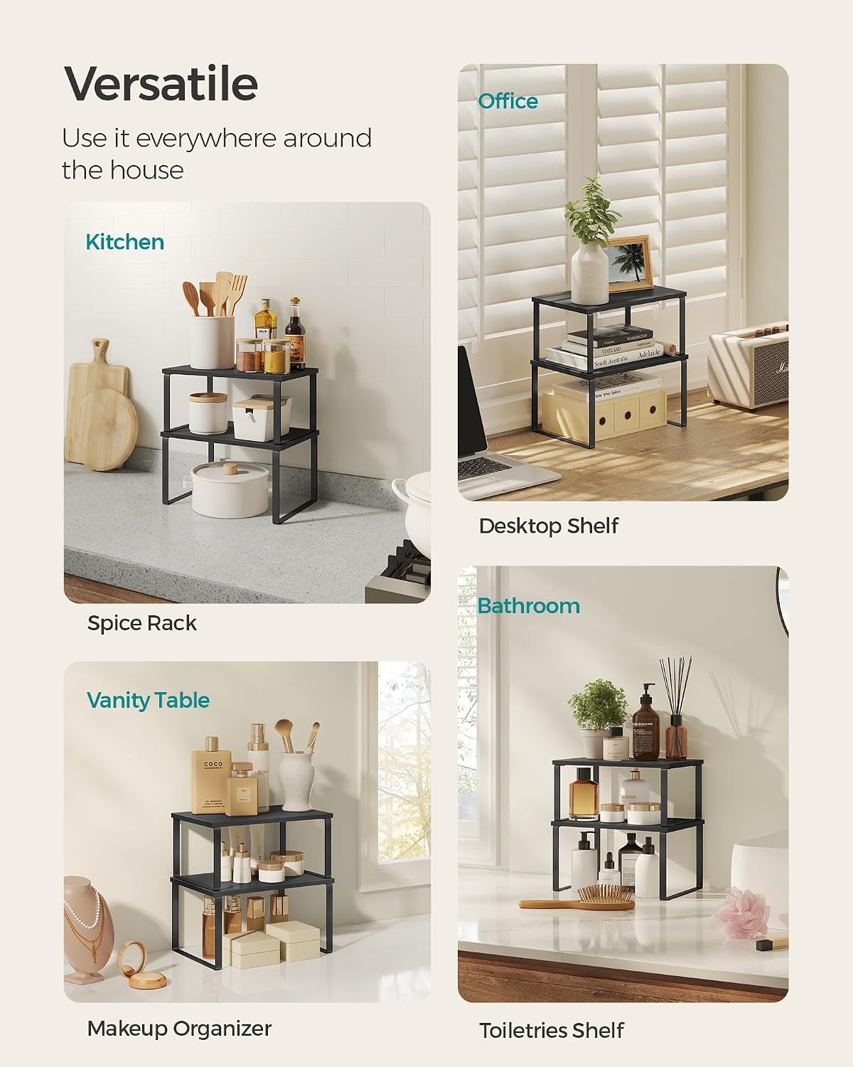 SONGMICS Cabinet Organizer Shelf, Set of 4, Stackable, Expandable