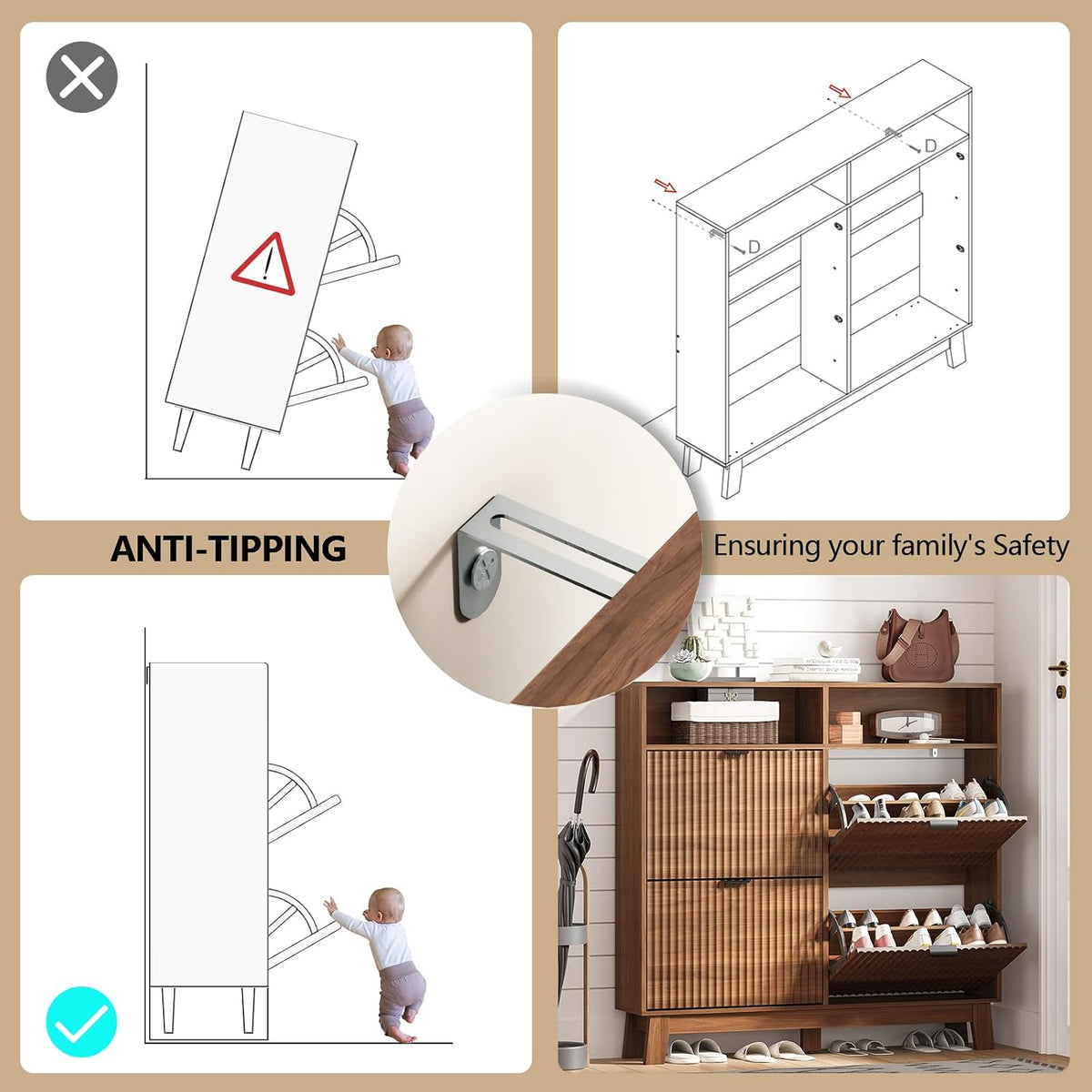 Shoe Cabinet Storage for Entryway with 4 Flip Drawers & Cubby, Walnut