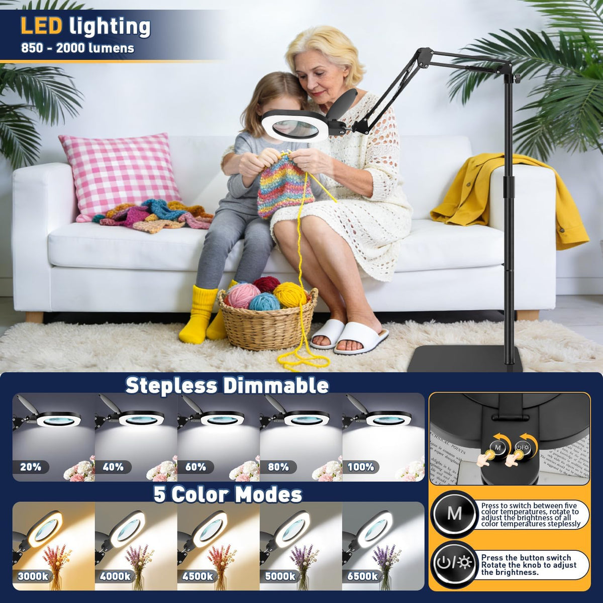 15X Real Glass Standing Magnifying Glass with Light and Stand, 3-in-1 Adjusta...
