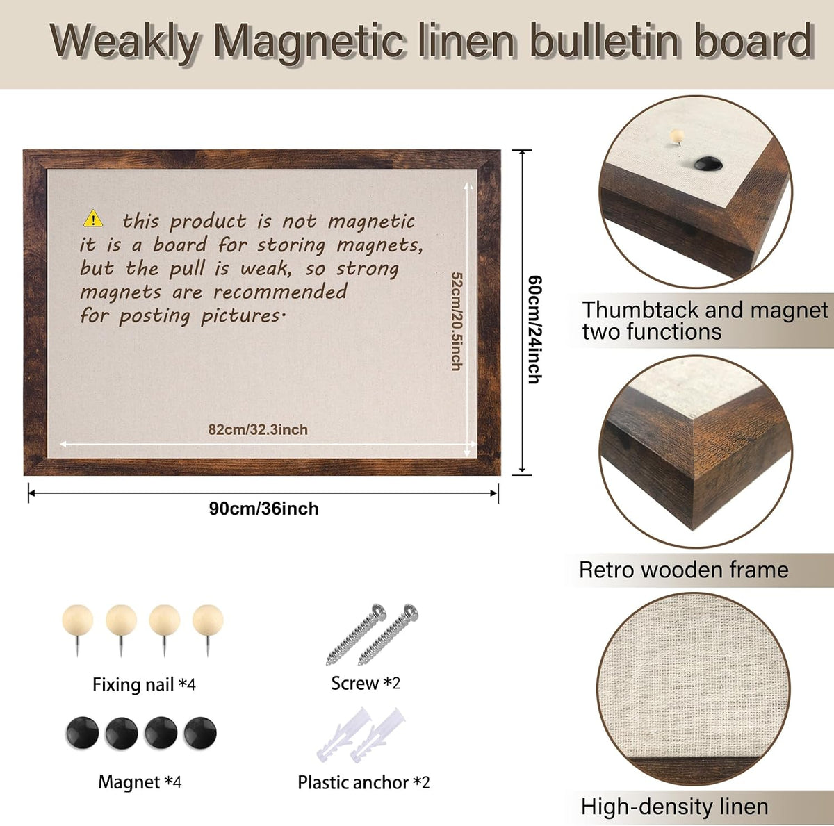 Large Magnetic Bulletin Board 36 x 24 Inch for Wall,Rustic Framed Cork Board ...