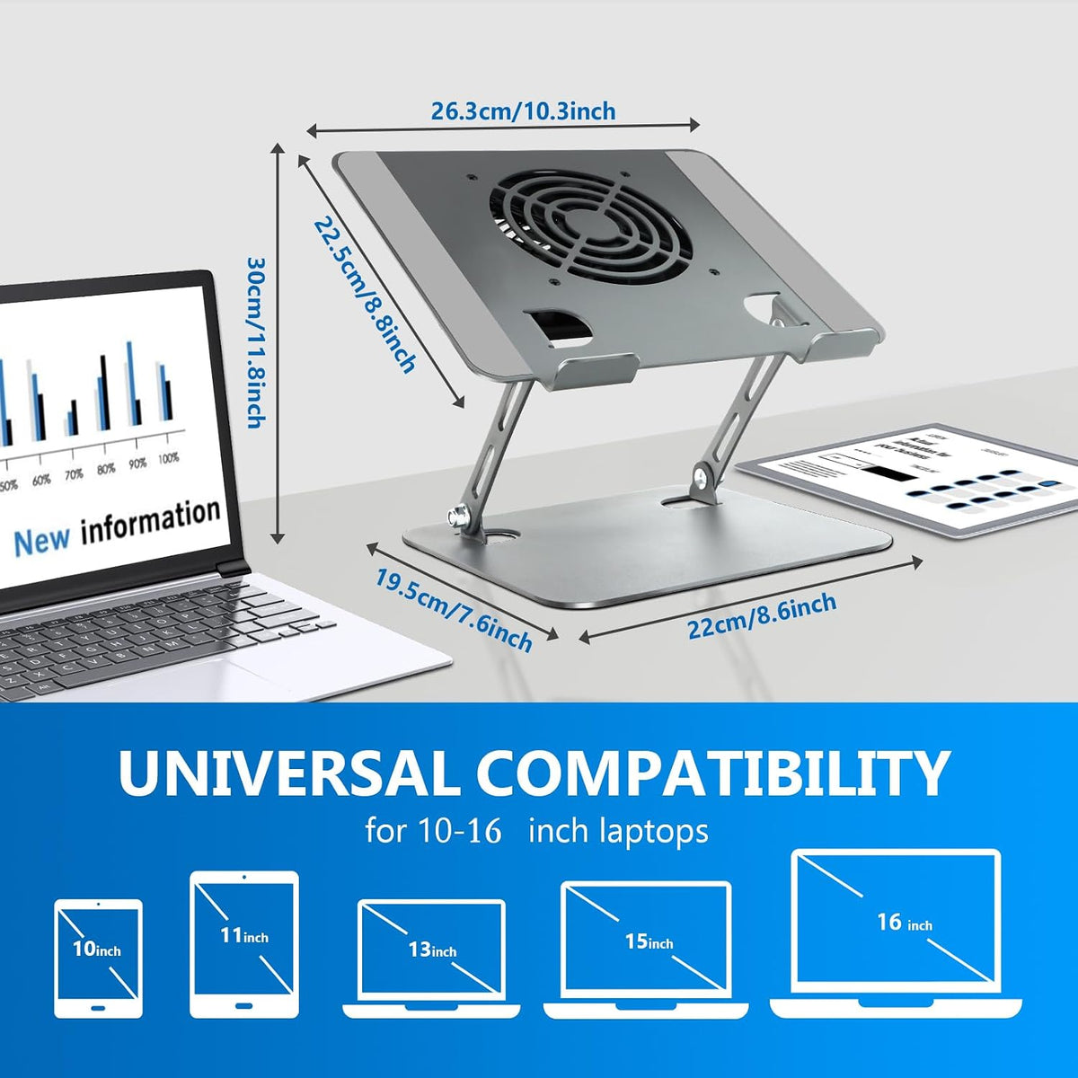 Laptop Cooling Stand with Fan and One Key Switch, Adjustable Laptop Riser