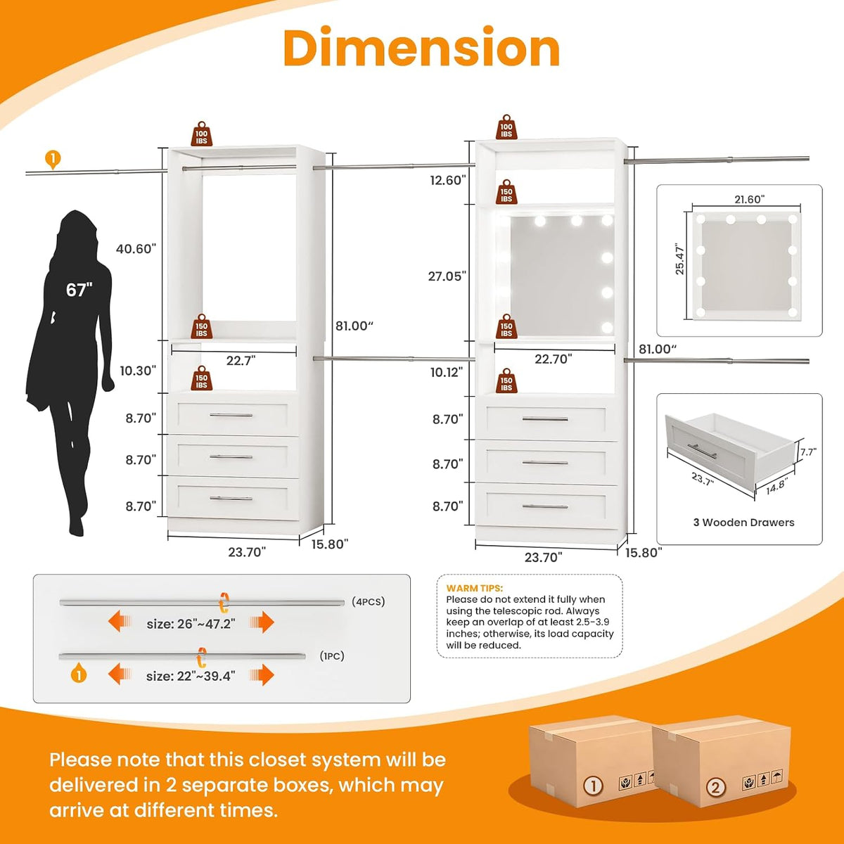 Closet System with 2 Sets, 4FT-15FT Closet Organizer System with 6 Drawers &a...