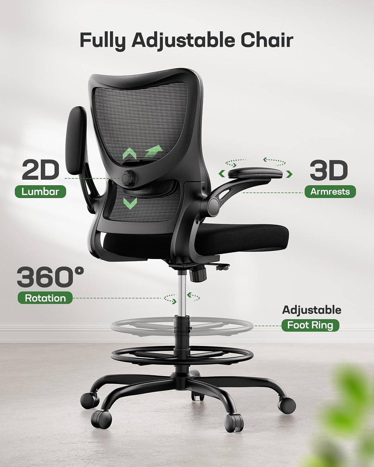 Marsail Drafting Chair, Tall Office Chair with 2D Lumbar Support, Standing De...