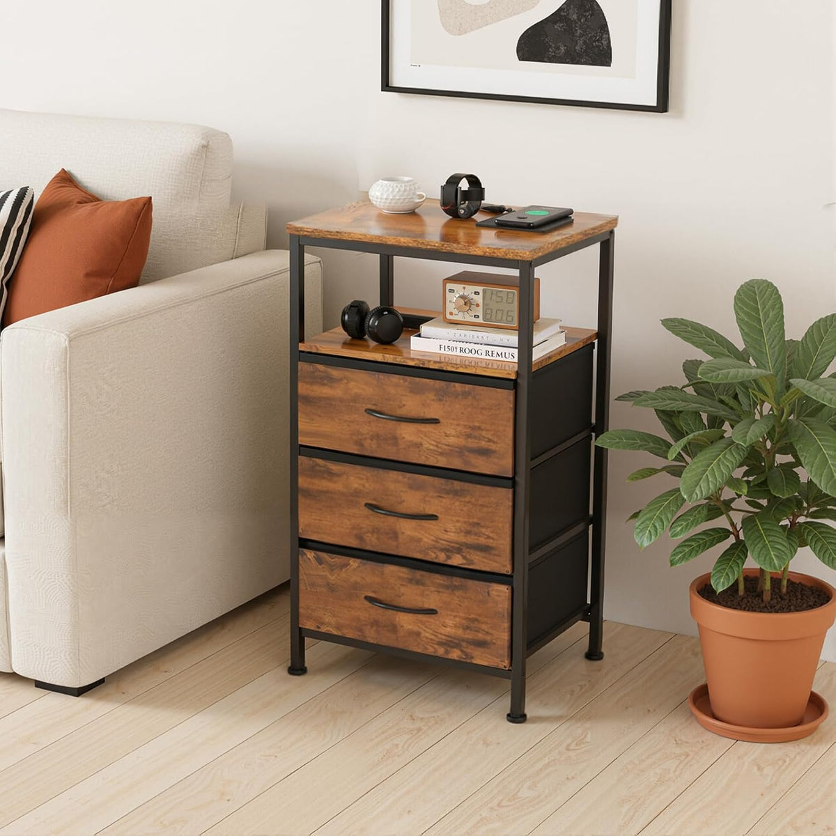 OLIXIS Nightstand with Charging Station, 3 Fabric Drawers Bedside Table