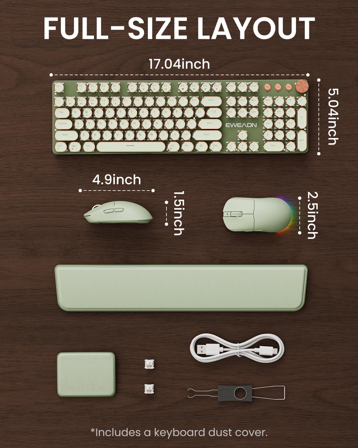 Wireless Keyboard and Mouse Combo, Dual Wrist Rest, Tri-Mode Typewriter