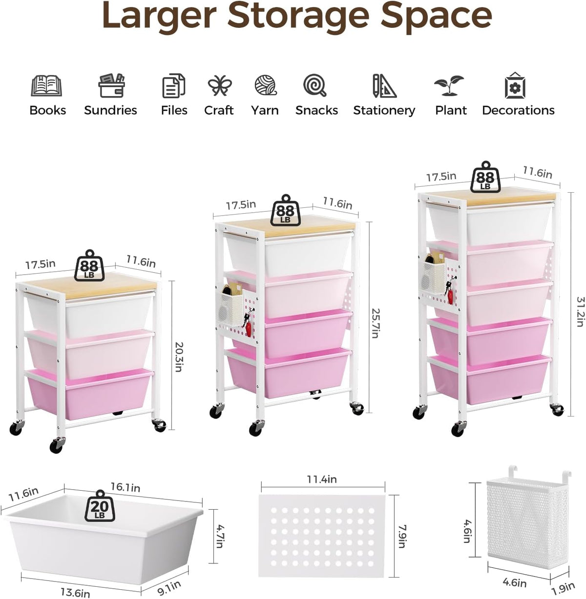 Rolling Cart with 3 Drawers, Plastic Drawer Storage Carts with Lockable Wheel...