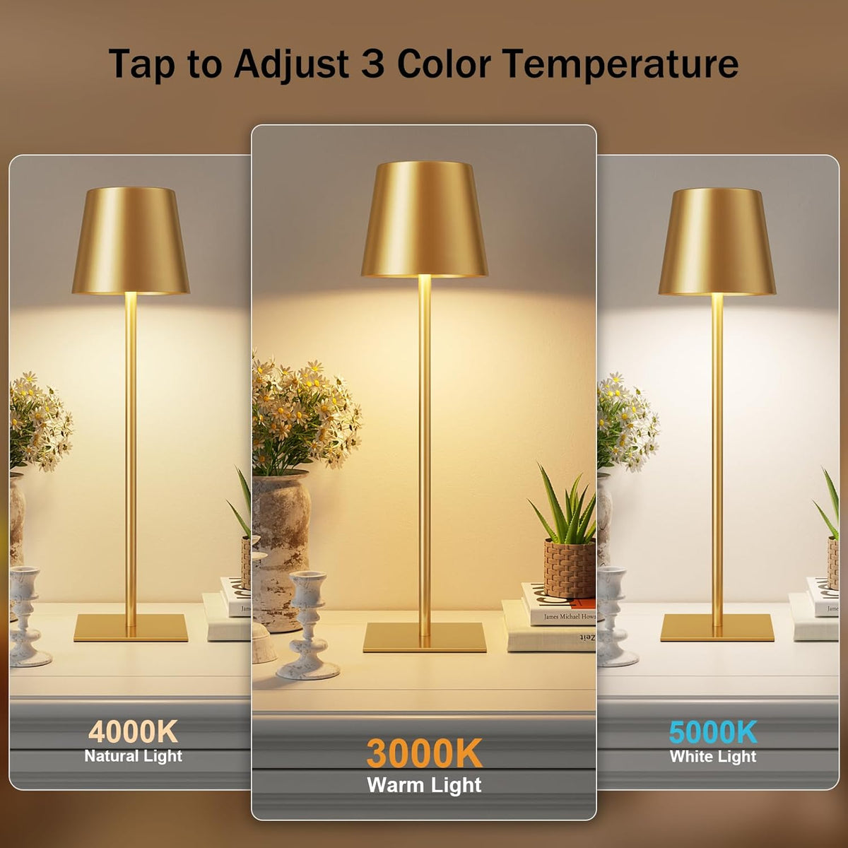 Kakanuo Gold Cordless Rechargeable Table Lamp, 4 Pack Portable Desk Lamp with...