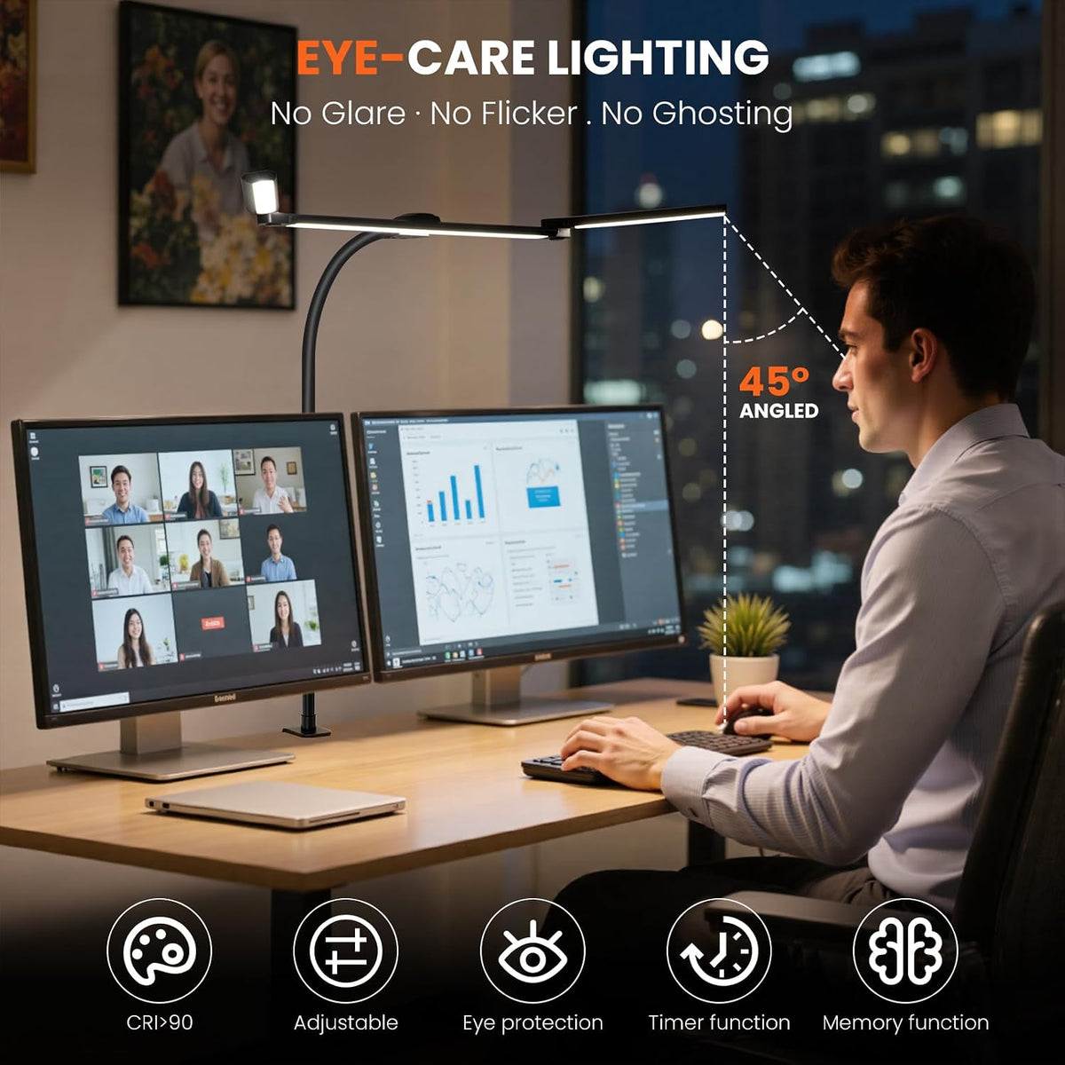 LED Desk Lamp for Office Home, 3 Light Bar Adjustable Desk Light with Clamp