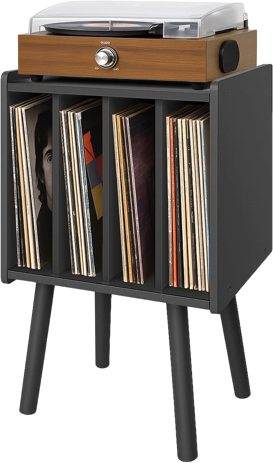 Record Player Stand, Vinyl Record Storage Table with 4 Cabinet, Mid Century M...
