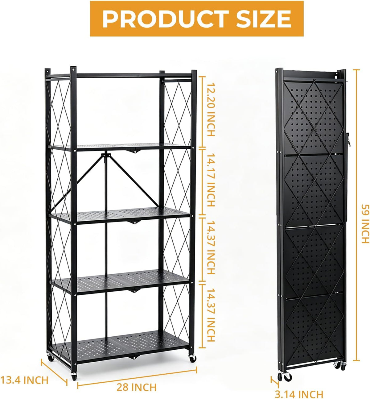 COKIHOM 5 Tier Foldable Storage Shelf with Wheels, Heavy Duty Metal Rolling S...