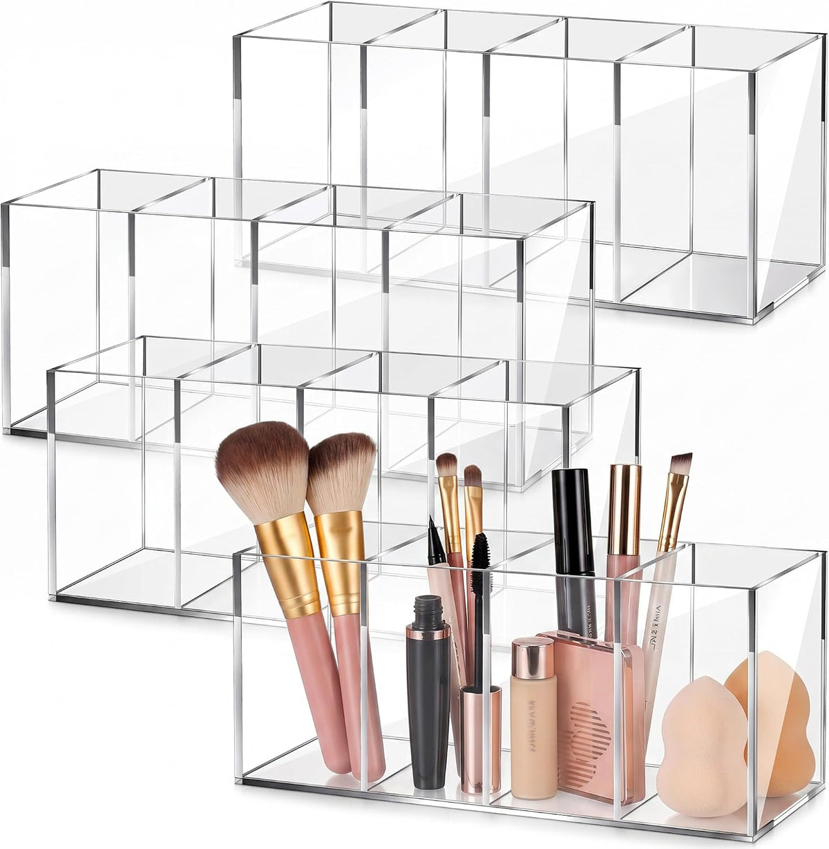 Pajean 4 Pack Clear Acrylic Pencil Holders, 4 Compartment Desk Organizer