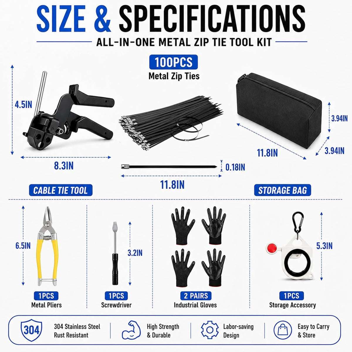 100PCS 12" Stainless Steel Cable Tie Gun Kit, Black Metal Zip Ties