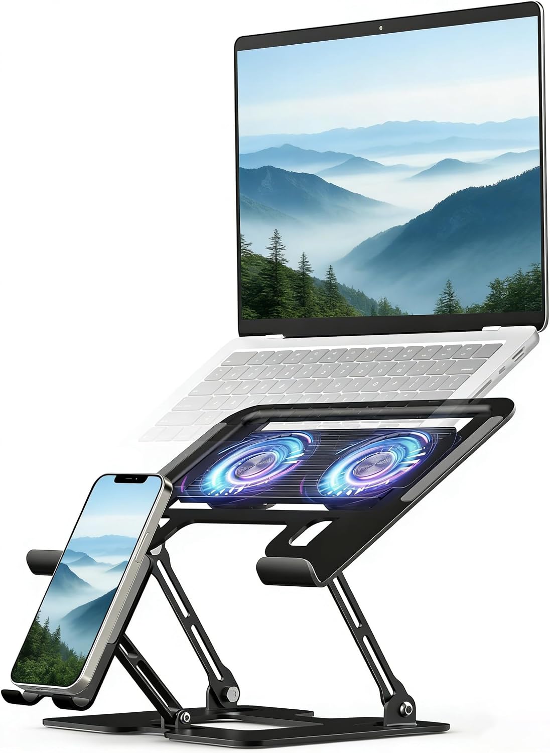 Laptop & Phone 2-in-1 Cooling Stand with Silent Fan, Adjustable Height &a...
