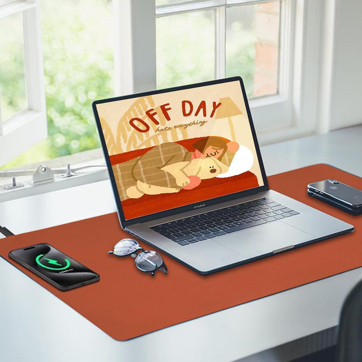 Desk Mat with Wireless Charging, Brown Mouse Pad with Wireless Charger, Desk ...