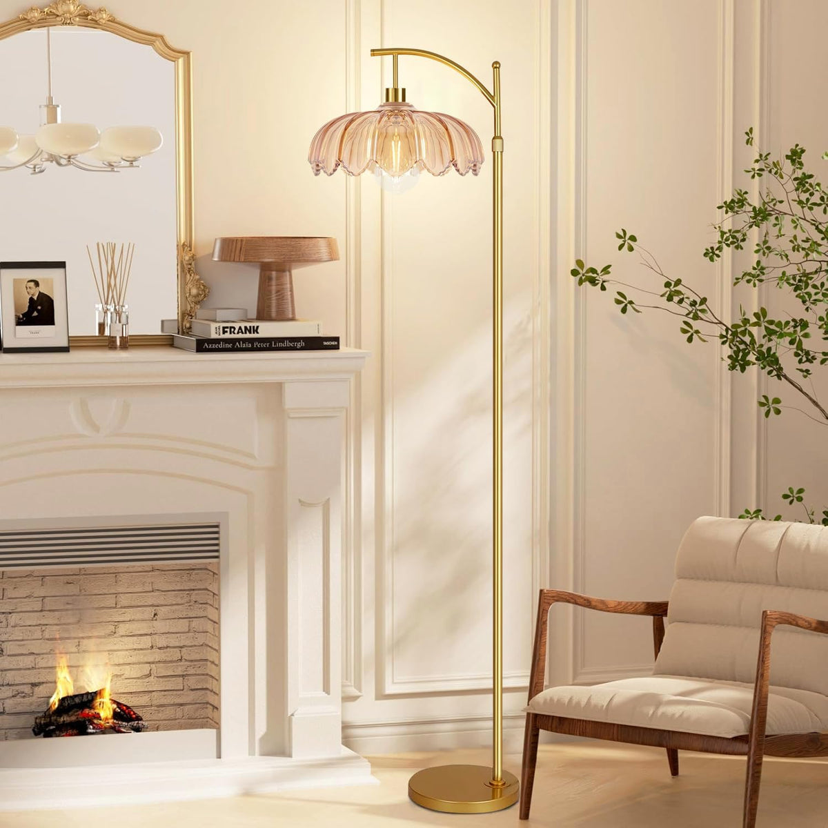 QIYIZM Glass Floor Lamp for Living Room,Bedroom,Gold Dimmable Standing Lamp w...