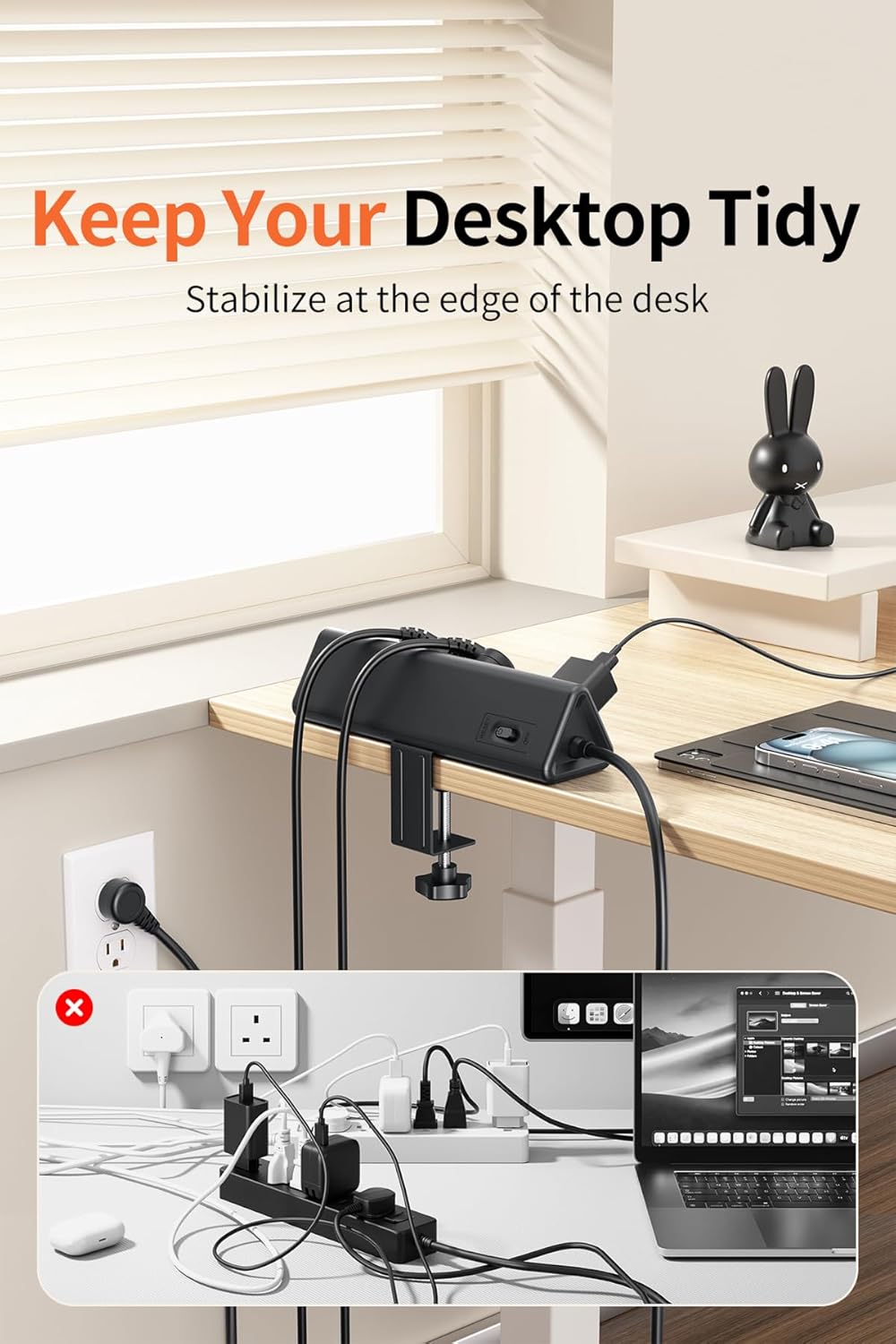 AnnTane Desk Clamp Power Strip USBC, 40W Fast Charging, 6.5 Ft, Black