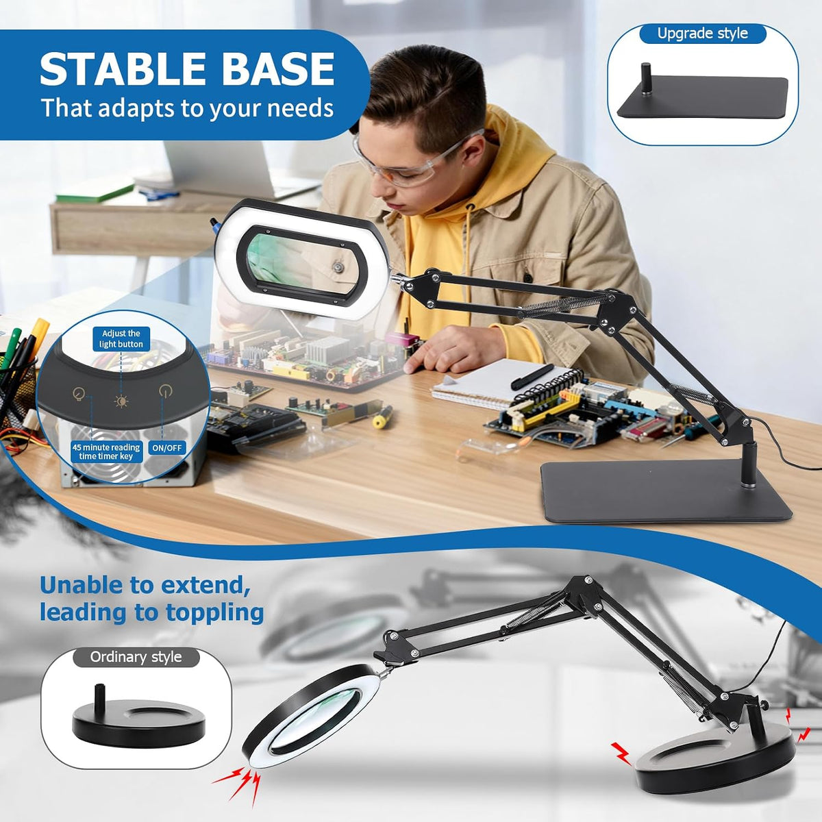 15X Rectangle Magnifying Glass with Light and Stand, Hands-Free Real Glass Li...