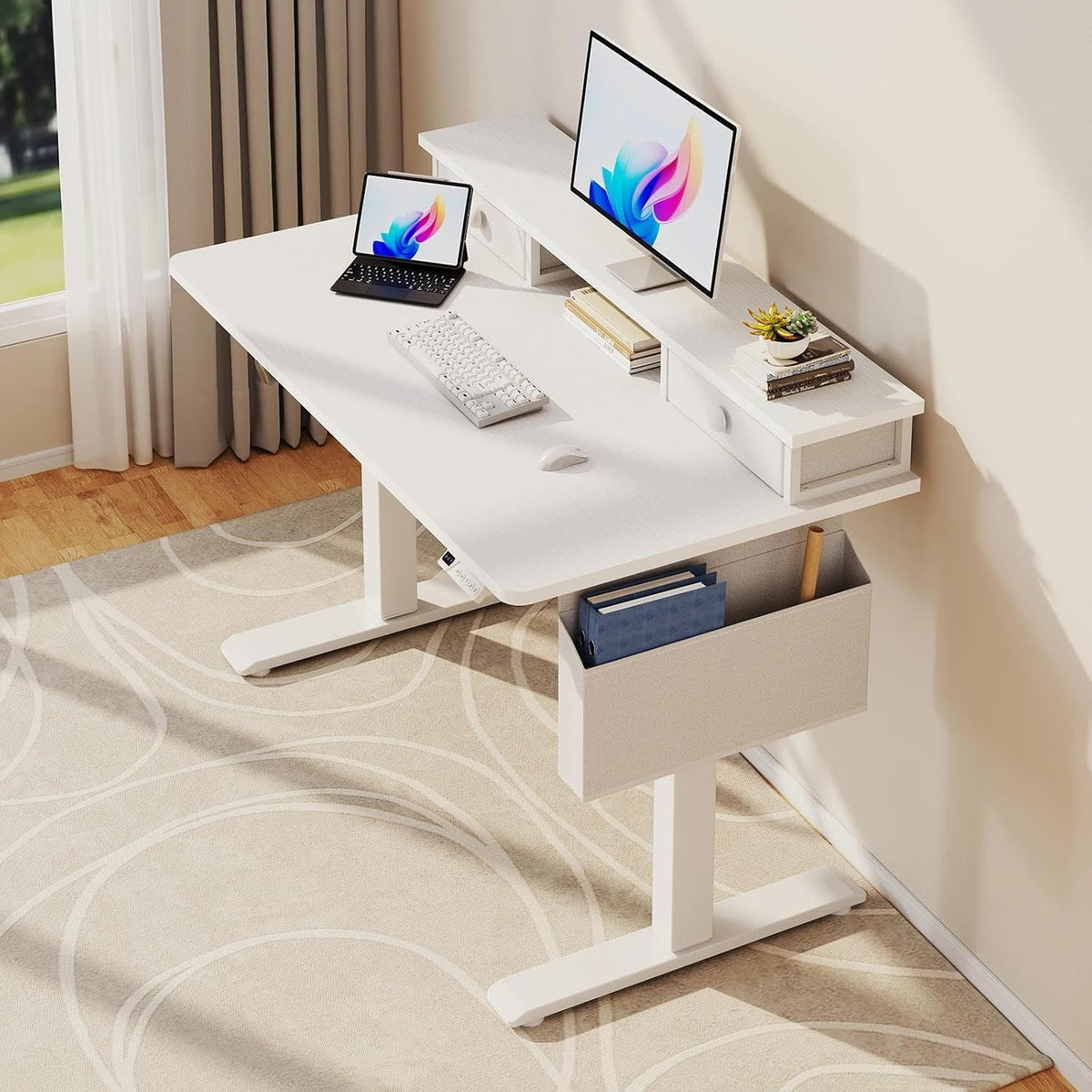KLUVIS White Electric Standing Desk with Drawers, 40 Inch