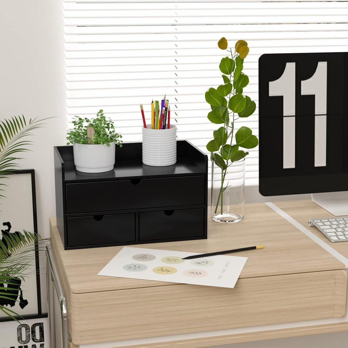 Bamboo Desk Organizer wtih Drawers Mini Desktop Drawer Tabletop Storage