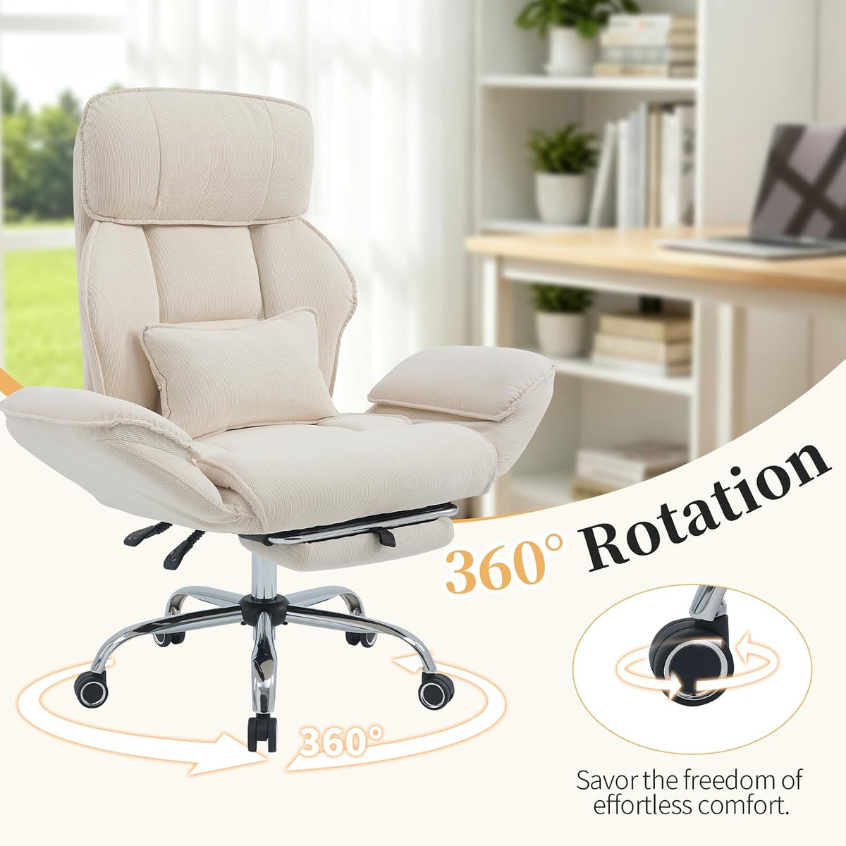Criss Cross Office Chair with Footrest - 5-Gear Flat Armrests Corduroy Desk C...