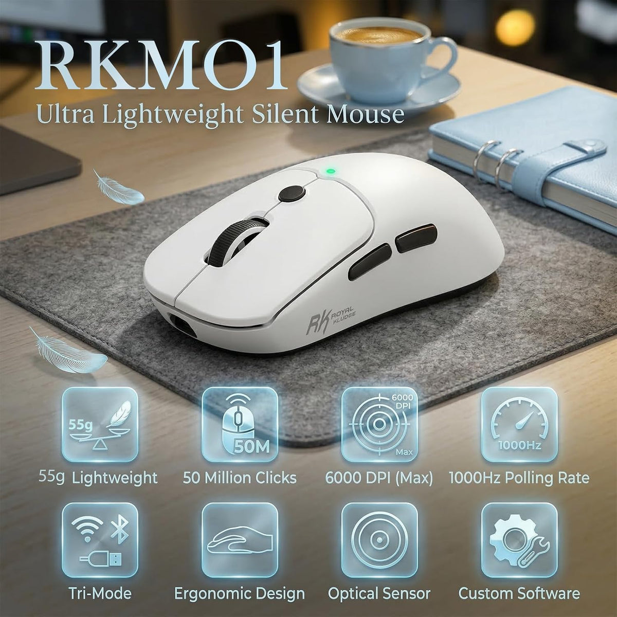 RK ROYAL KLUDGE MO1 Wireless Mouse, 55g Ultra-Lightweight Computer Mice, 6 Pr...