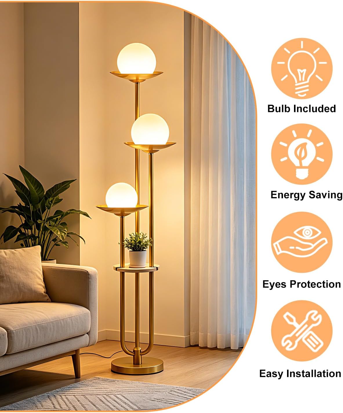 Lightdot Globe Floor Lamp with Table 3-Lights Modern Dimmable Floor Lamps for...