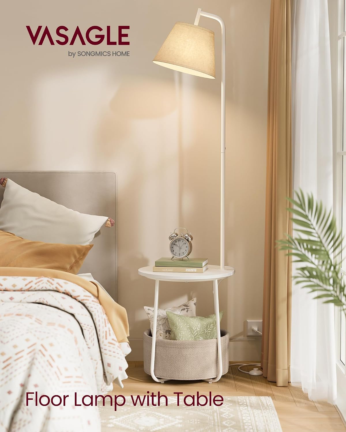 VASAGLE Small Round Side End Table, Nightstand with Fabric Basket