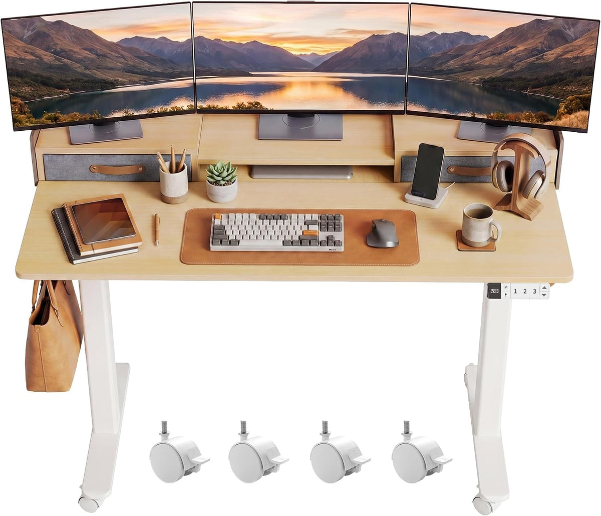 Claiks Standing Desk with Drawers & Wheels, 2 Height Shelf 55" Natural