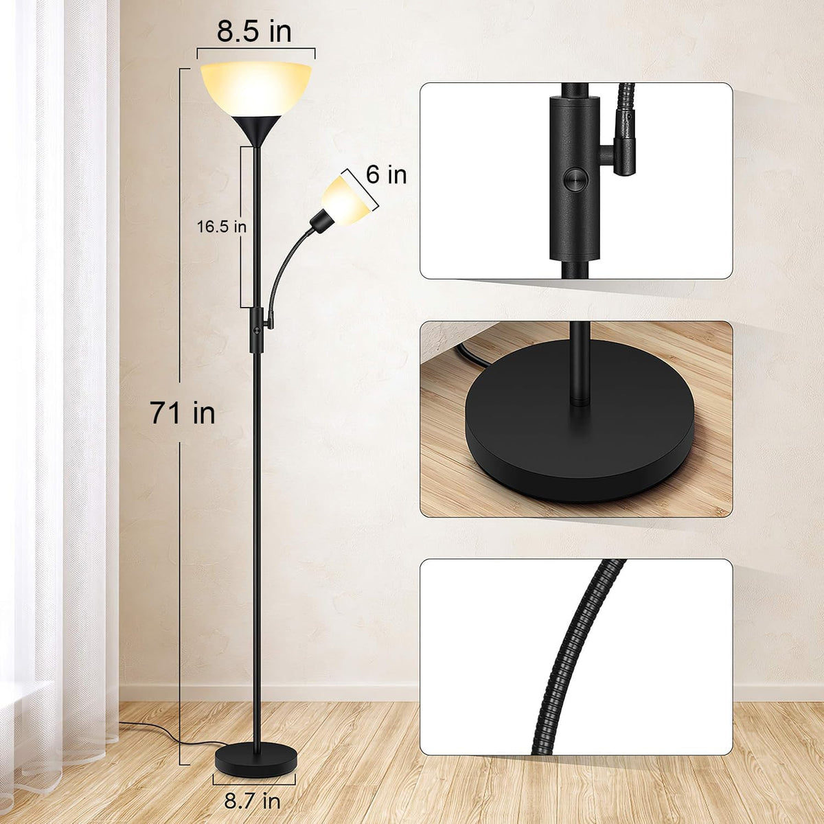Floor Lamp Black, Standing Lamp, 71" Torchiere Floor Lamp with Adjustabl...