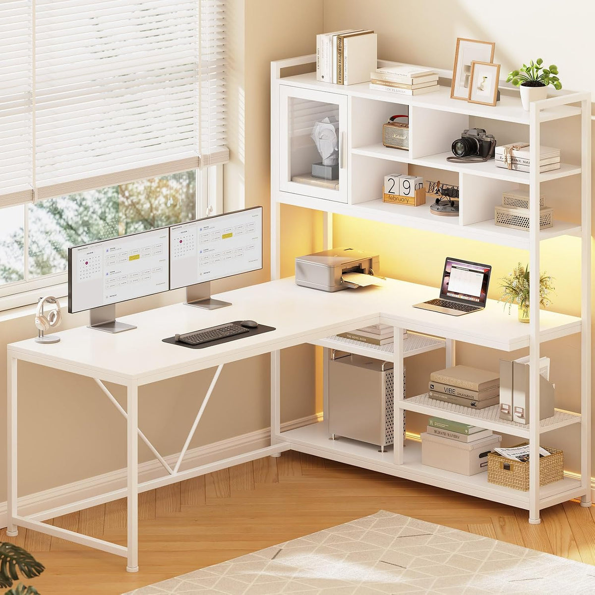 SEDETA L Shaped Computer Desk with Storage Shelves and Bookshelf, White