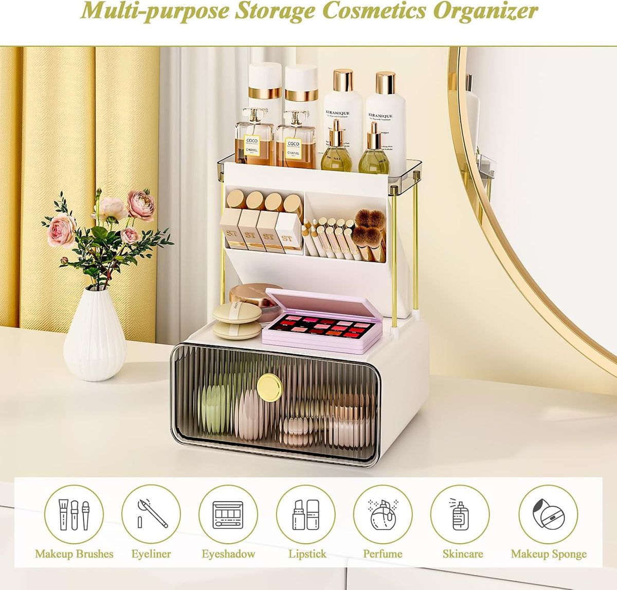 FOLLOWIN 3 Tier Makeup Organizer, Vanity Desk Cosmetic Display with Drawer
