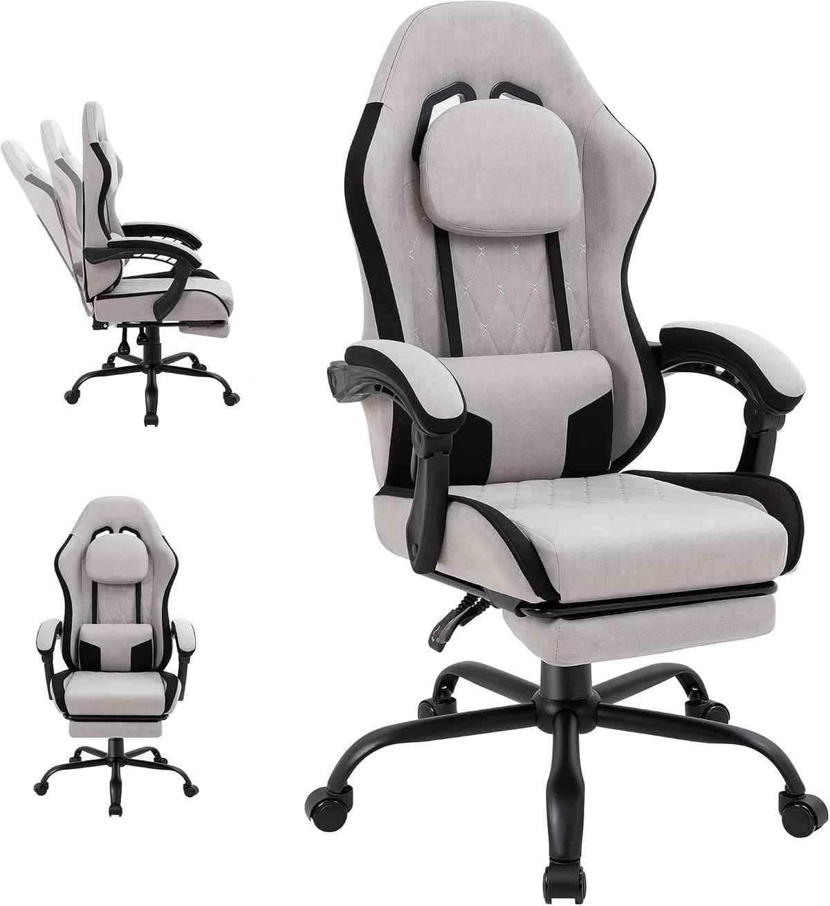 Gaming Chair for Adults, Computer Chair Fabric, Footrest, Reclining, Gray