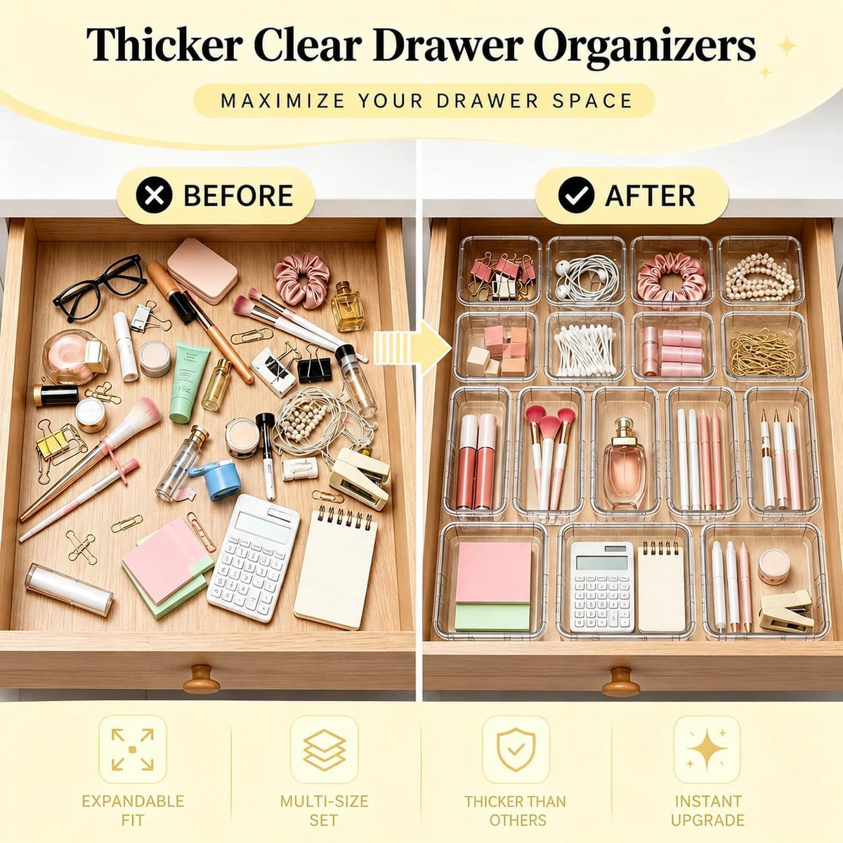 20 PCS Expandable Clear Drawer Organizers, 3-Size Extendable Drawer Dividers,...
