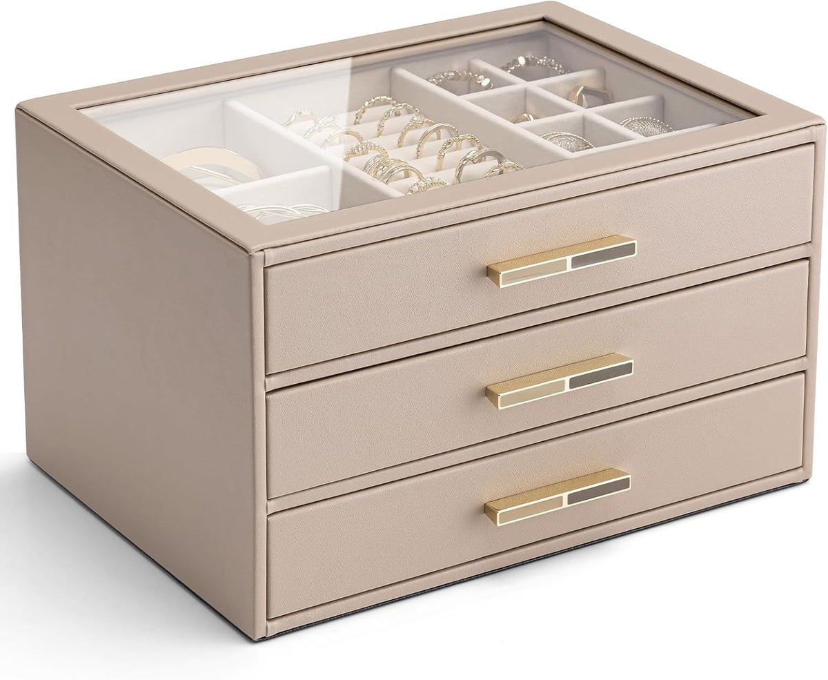 VLANDO Jewelry Box Organizer, 7-Layer Storage Drawers, Glass Window, Modern
