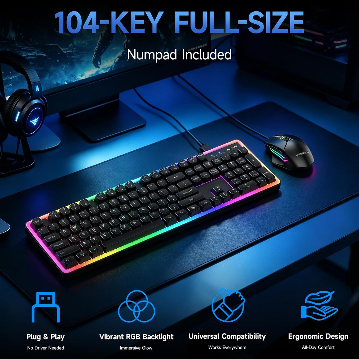 Wired RGB Keyboard and Mouse Combo, Adjustable Rainbow Backlit, 104-Key Full-...