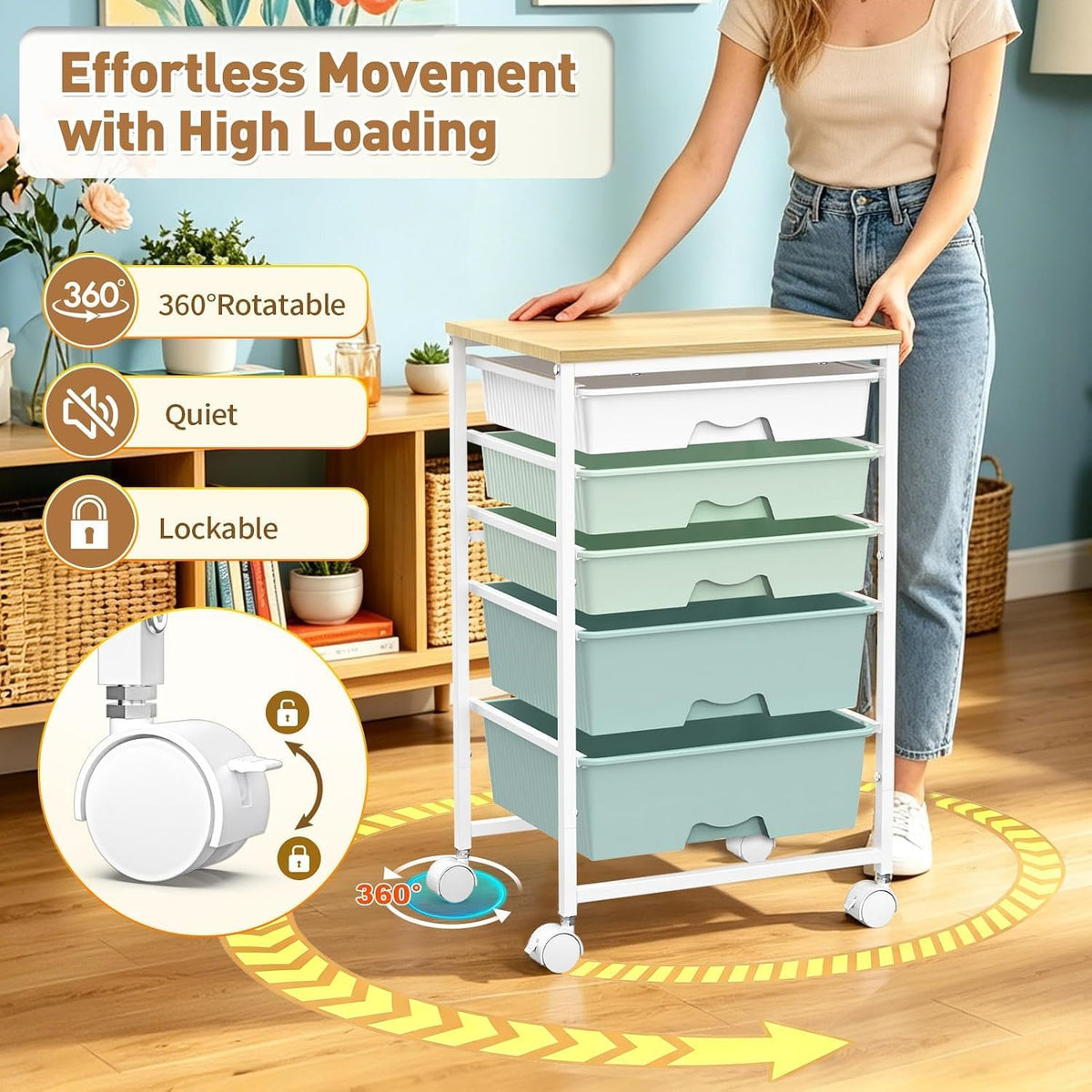 SUNALLY Rolling Carts With 5 Drawers, Storage Drawer Carts for Craft, Green