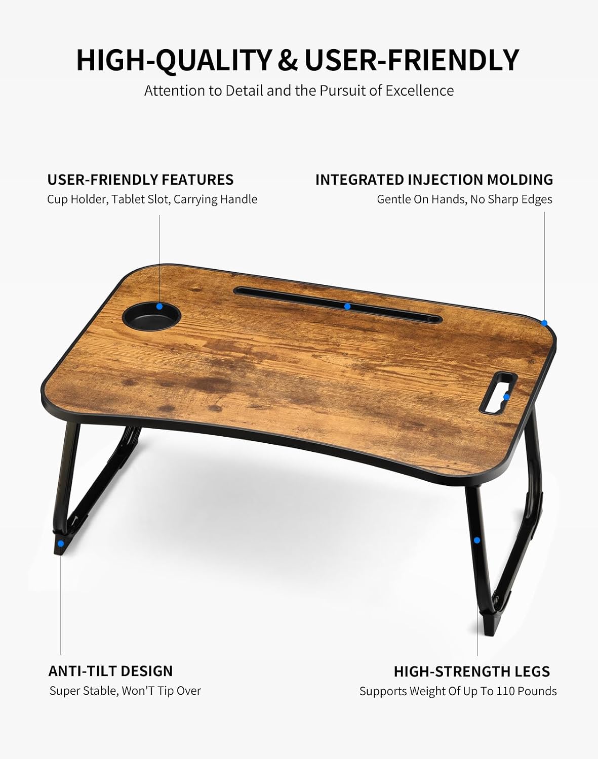 ZEAPTAC Foldable Lap Desk, Bed Desk, Bed Table & Laptop Stand w/Cup Holder