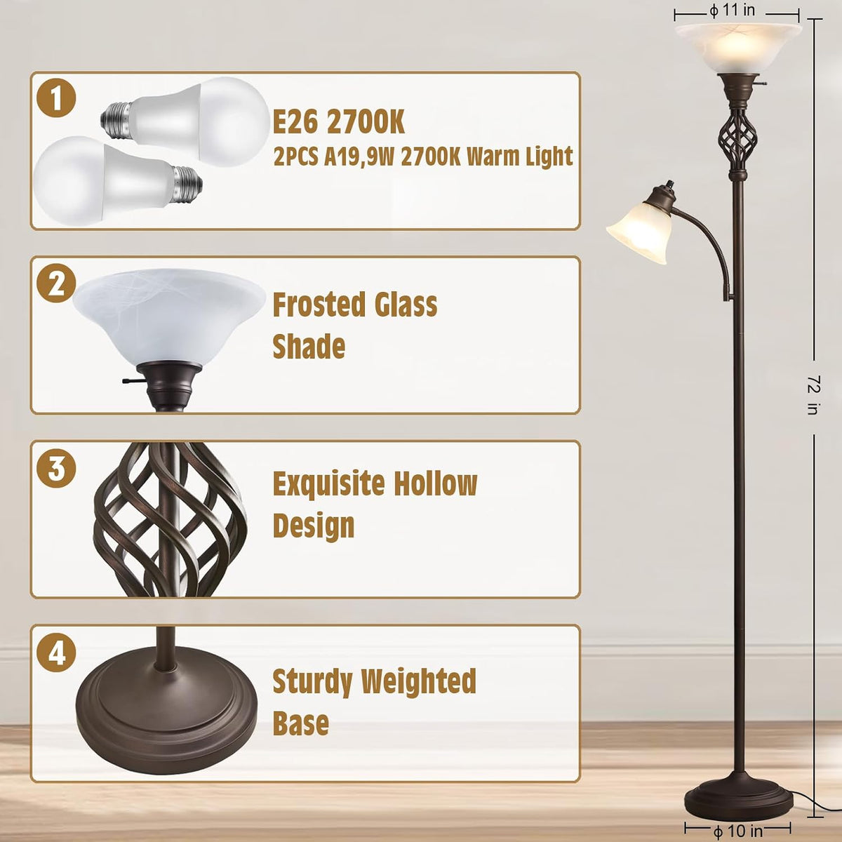 GyroVu Torchiere Floor Lamp for Living Room, LED Standing Reading Light
