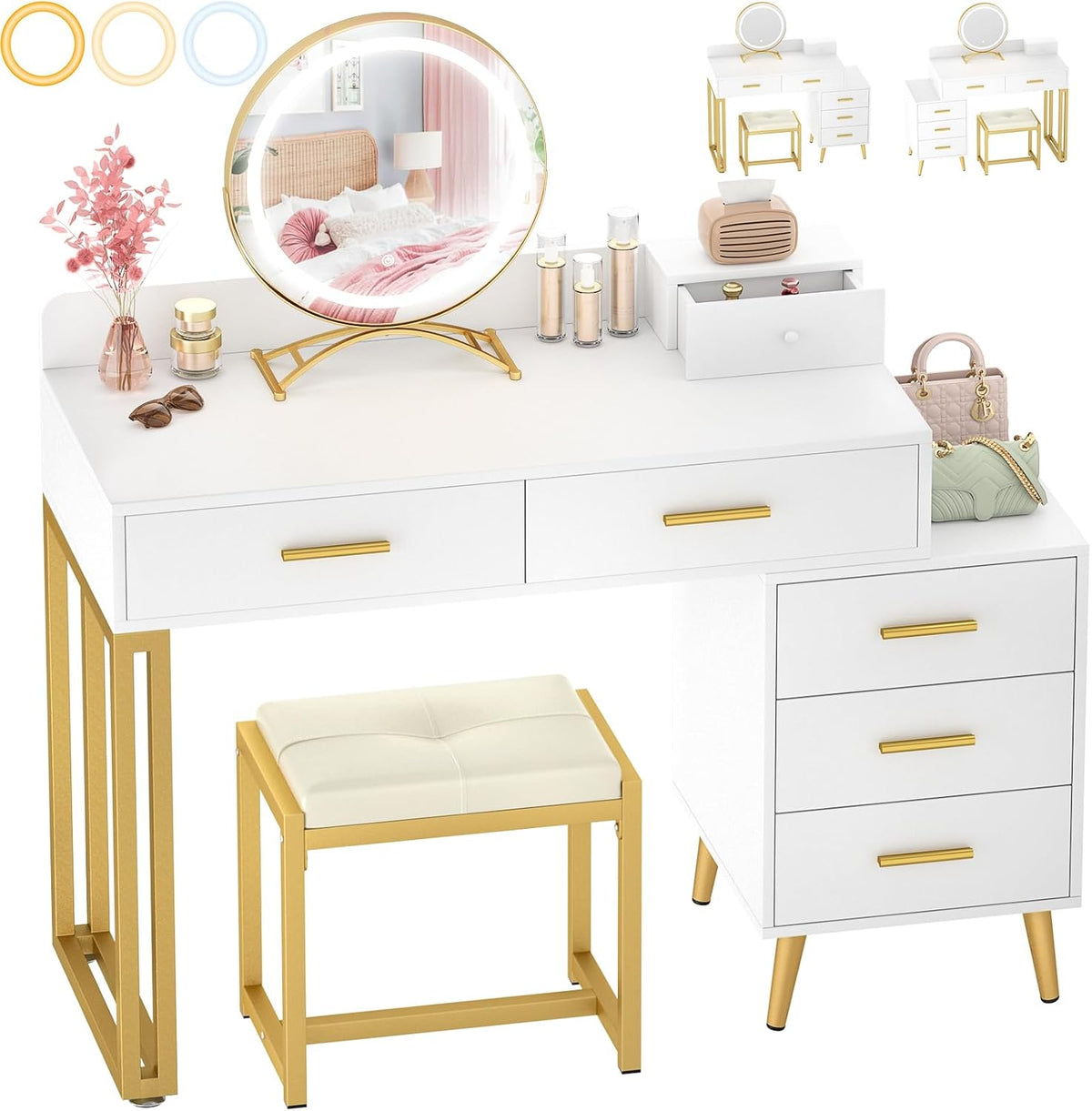 Armocity White Vanity Desk with Mirror and Lights, Modern Makeup Vanity Table...