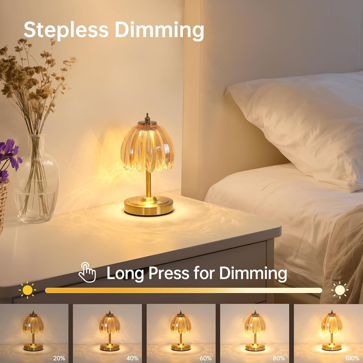 Shenmoyl Tulip Small Table Lamp, 5200mAh Cordless Touch Control Mini Table La...