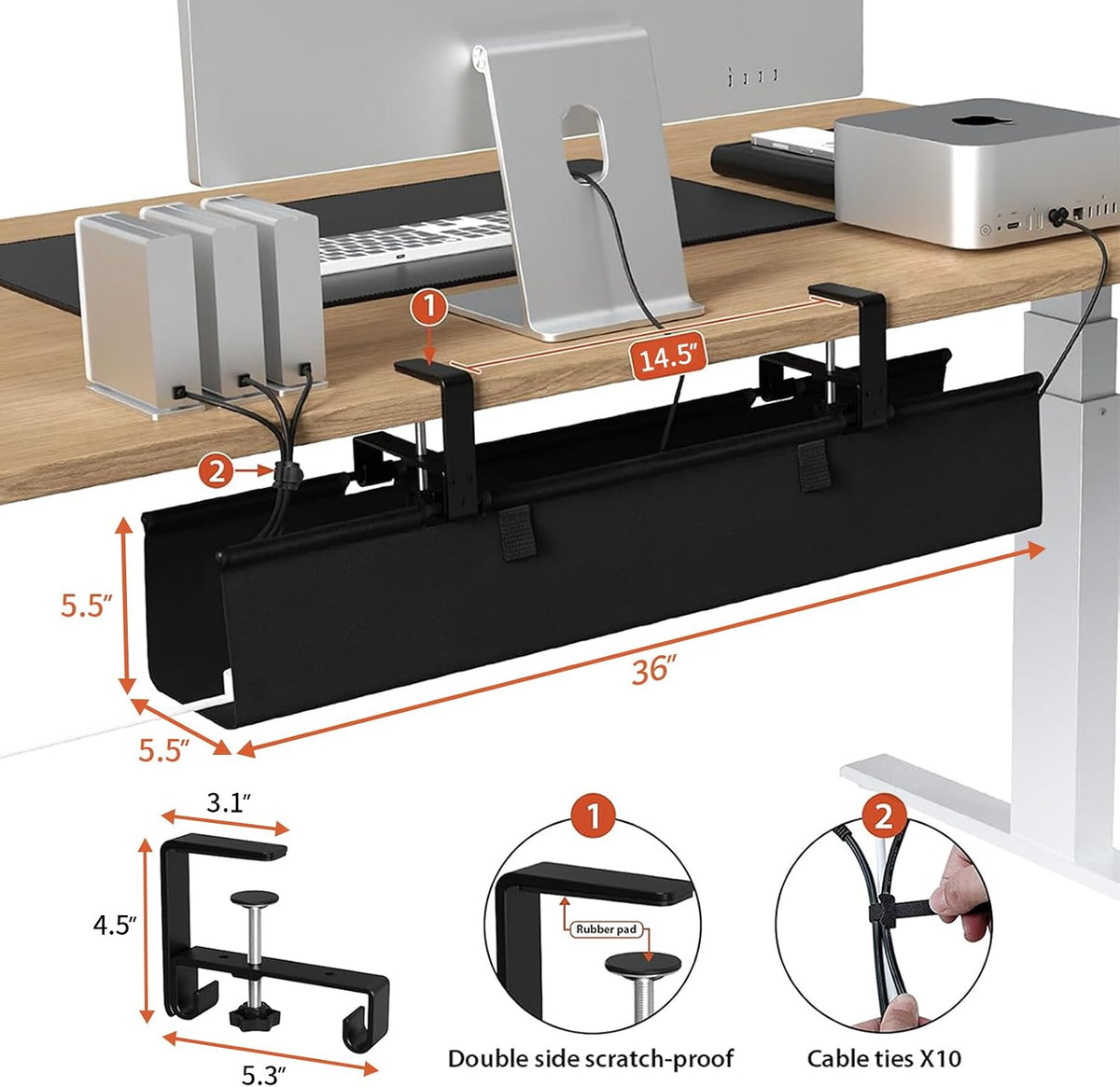 Under Desk Cable Management Tray 36" No Drill Metal Cord Organizer 70lbs