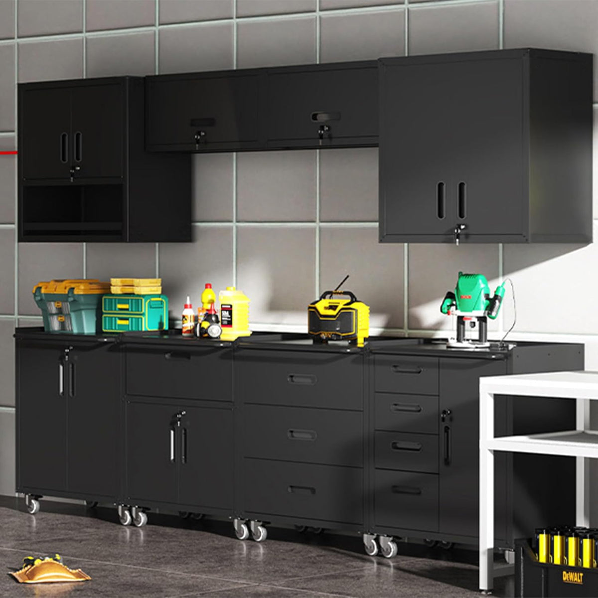 Black Garage Storage Cabinets System 6 PCS Workshop Set with Drawers Locking ...